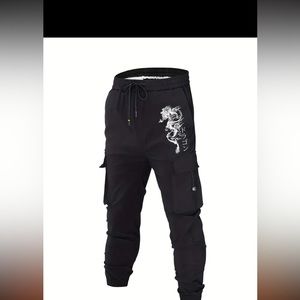 Dragon Japanese Print, Men's Drawstring Cargo, Flap Pockets Jogger Pants
